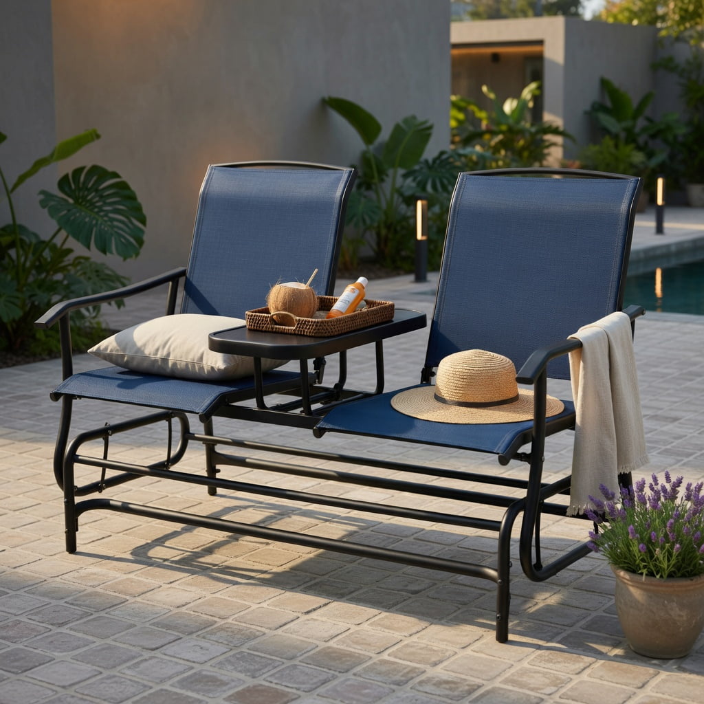Hommoo 2-Person Outdoor Rocking Loveseat with Tempered Glass Center Table, Steel Frame & Mesh Fabric, Navy