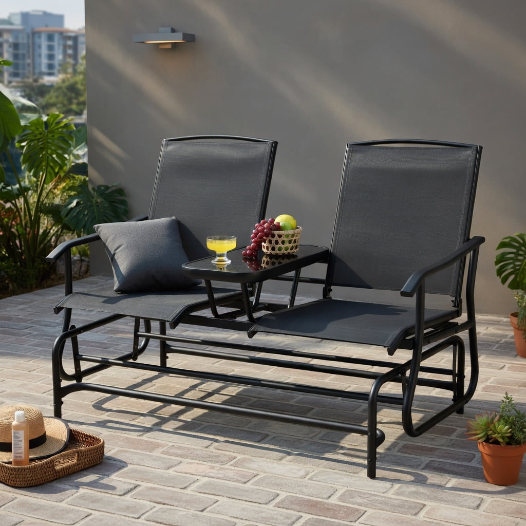 Hommoo 2-Person Outdoor Rocking Loveseat with Tempered Glass Center Table, Steel Frame Patio Seating, Black