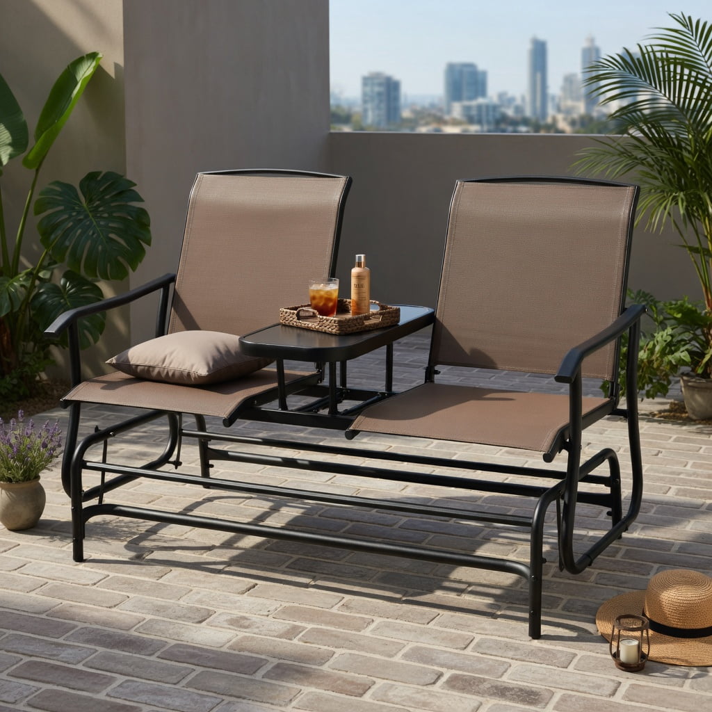 Hommoo 2-Person Outdoor Rocking Loveseat with Tempered Glass Center Table, Steel Frame Seating for Patio, Lawn & Garden, Brown