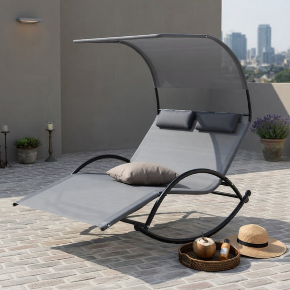 Hommoo 2-Person Outdoor Rocking Sunbed with Adjustable Canopy & Detachable Headrests, Metal Patio Lounger for Backyard, Poolside, Deck, Gray