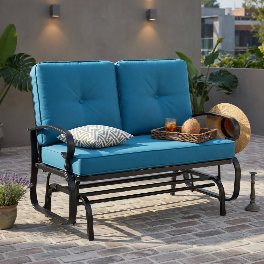 Hommoo 2-Person Outdoor Swing Glider Bench with Plush Olefin Cushions, Rust-Resistant Steel Frame, Gourd-Style Design for Patio, Porch & Backyard, Navy