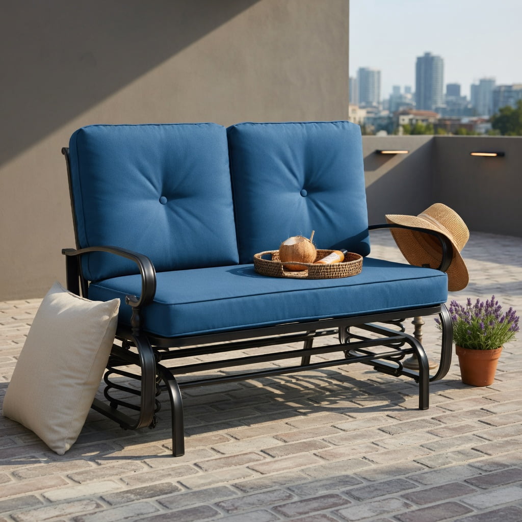 Hommoo 2-Person Outdoor Swing Glider Bench with Cushions, Steel Frame, Olefin Fabric, Patio, Porch & Backyard Seating, Navy