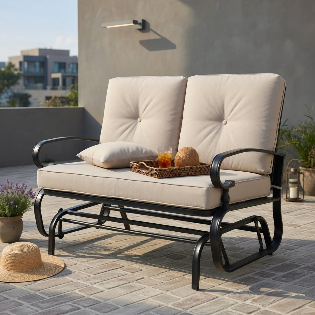 Hommoo 2-Person Outdoor Swing Glider Bench with Plush Olefin Cushions, Rust-Resistant Steel Frame Patio Loveseat for Backyard, Porch & Garden, Beige