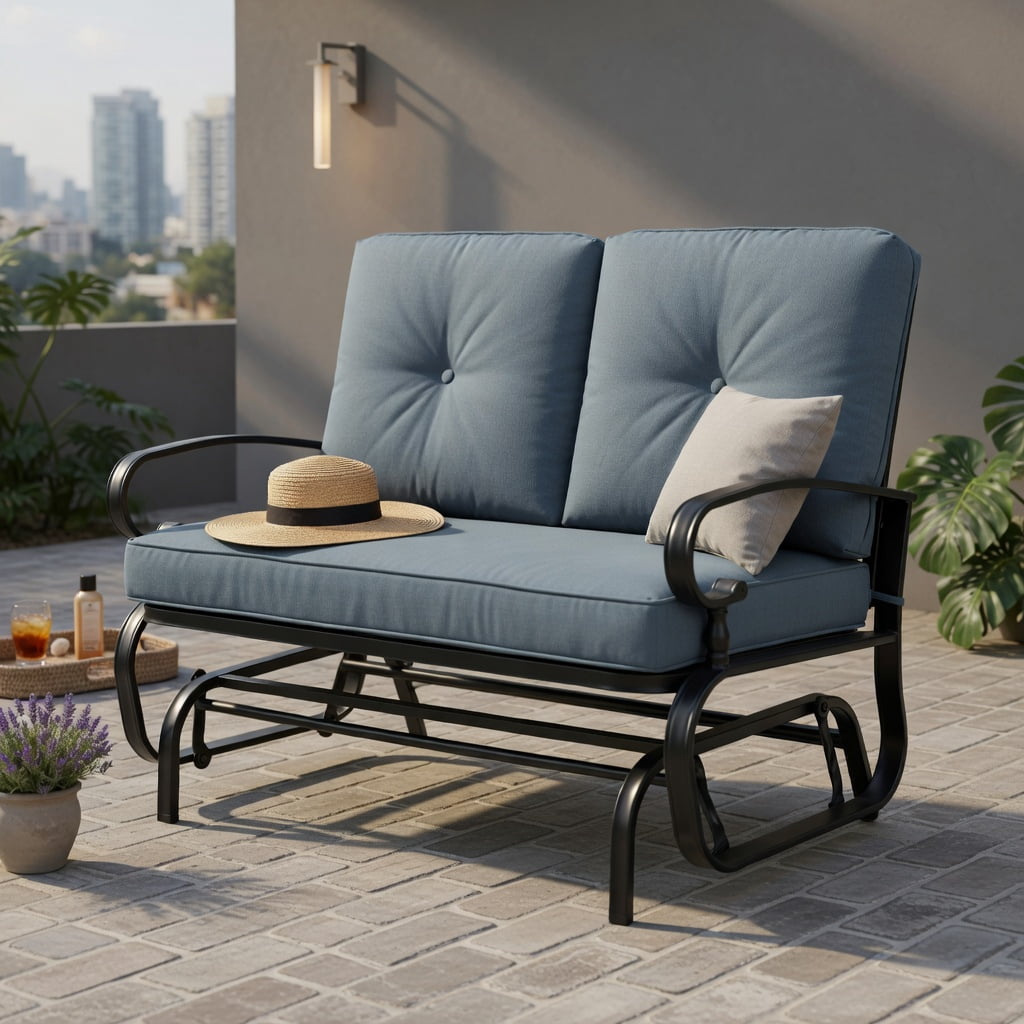 Hommoo 2-Person Outdoor Swing Glider Bench with Plush Olefin Cushions, Rust-Resistant Steel Frame, for Patio, Porch & Backyard Loveseat, Gray