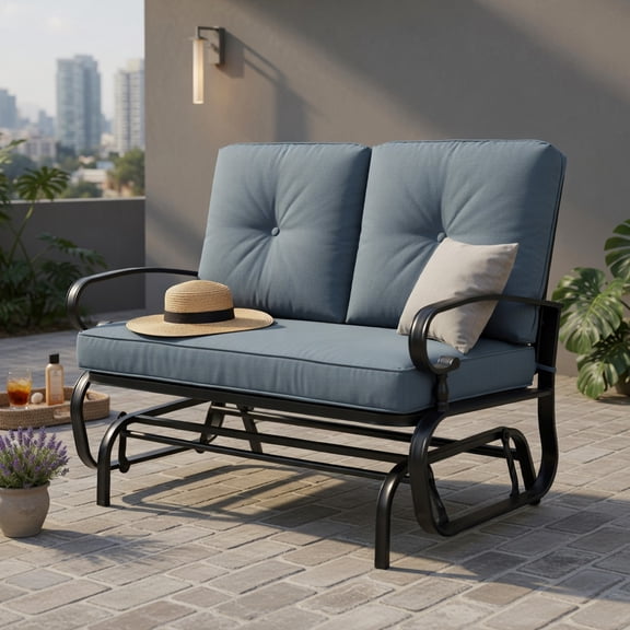 Hommoo 2-Person Outdoor Swing Glider Bench with Plush Olefin Cushions, Rust-Resistant Steel Frame, for Patio, Porch & Backyard Loveseat, Gray
