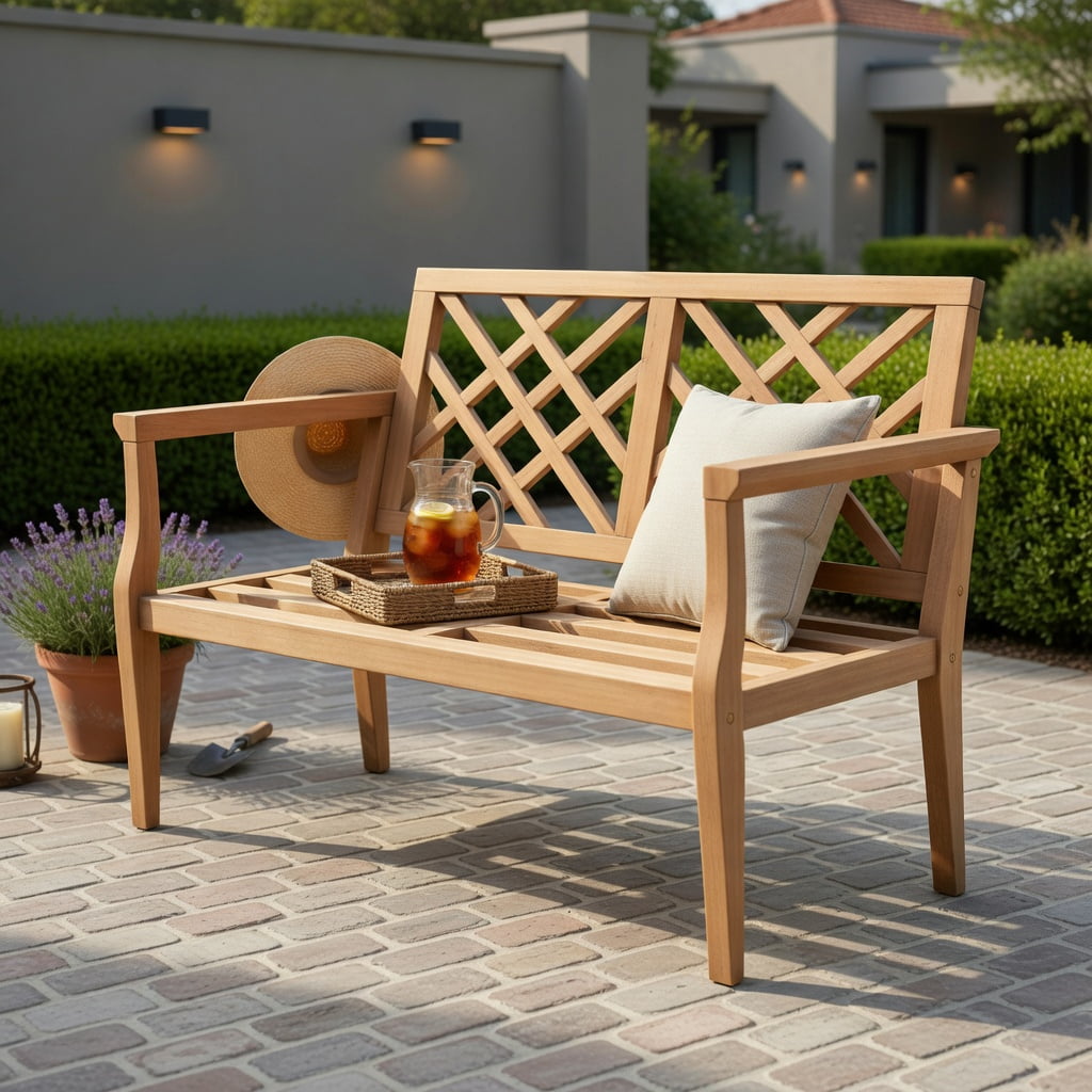 Hommoo 2-Person Outdoor Teak Wood Garden Bench with Ergonomic Backrest & Armrests, Weather-Resistant Patio Seating for Yard, Porch, Poolside, Natural