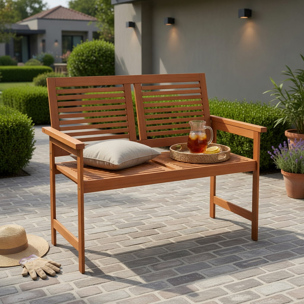 Hommoo 2-Person Outdoor Wooden Patio Bench with Slatted Backrest & Seat, Wood Garden Bench for Porch, Balcony & Backyard, Natural