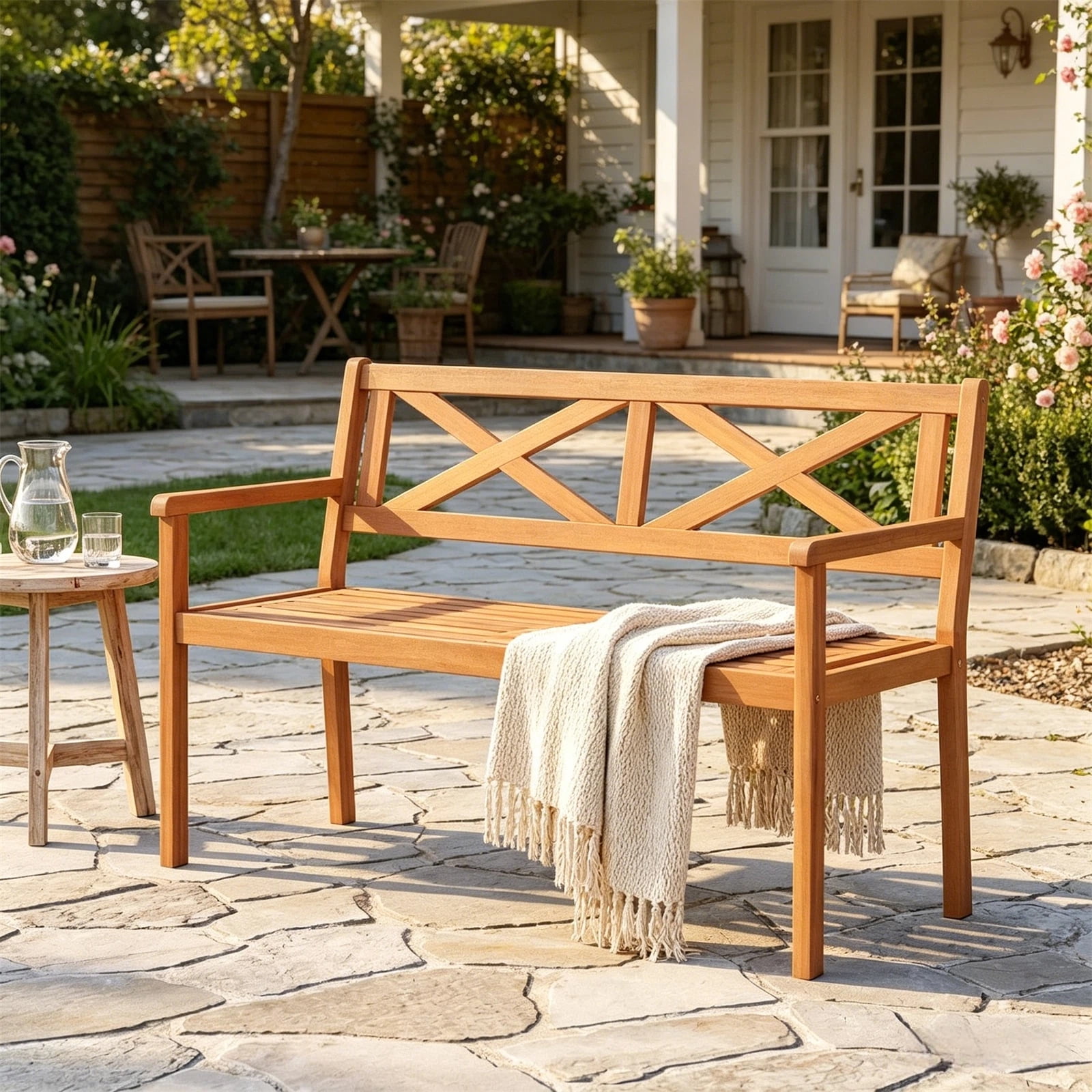 Hommoo 2-Person Patio Acacia Wood Bench, Garden Slatted Loveseat Chair Bench Lounge with Armrests and Backrest for Backyard, Natural