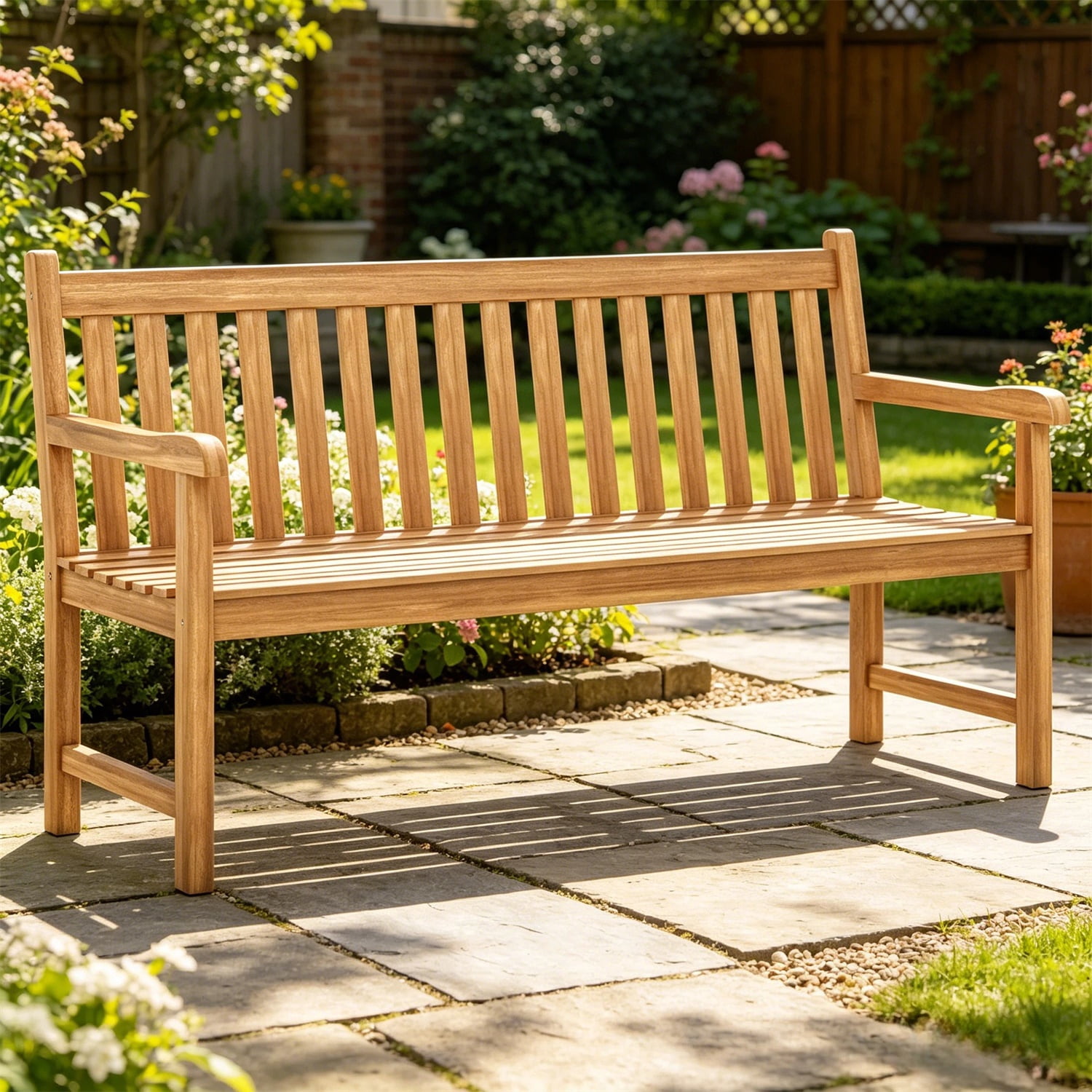 Hommoo 2-Person Patio Teak Wood Bench, Garden Slatted Loveseat Chair Bench Lounge with Armrests and Backrest for Backyard, Natural