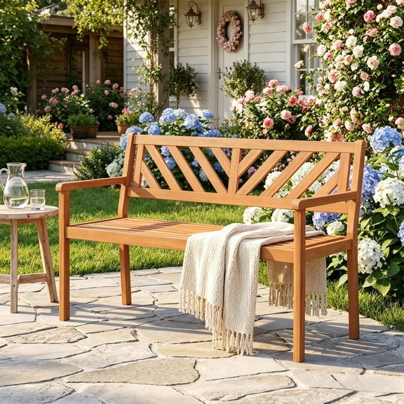 Hommoo 2-Person Patio Wooden Bench, Garden Slatted Loveseat Chair Bench Lounge with Armrests and Backrest for Backyard, Natural