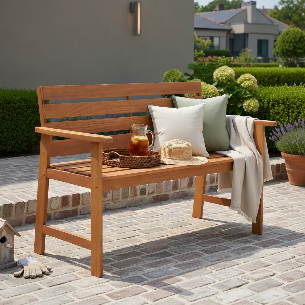 Hommoo 2-Person Solid Wood Outdoor Bench, Slatted Breathable Seat & Ergonomic 102° Inclined Backrest for Patio, Porch & Balcony, Natural