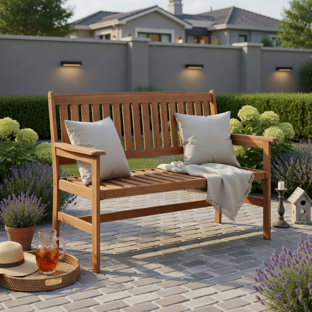 Hommoo 2-Person Solid Wood Patio Loveseat with Slatted Backrest, Ergonomic Curved Seat & Supportive Armrests for Porch, Backyard & Outdoor Living, Natural