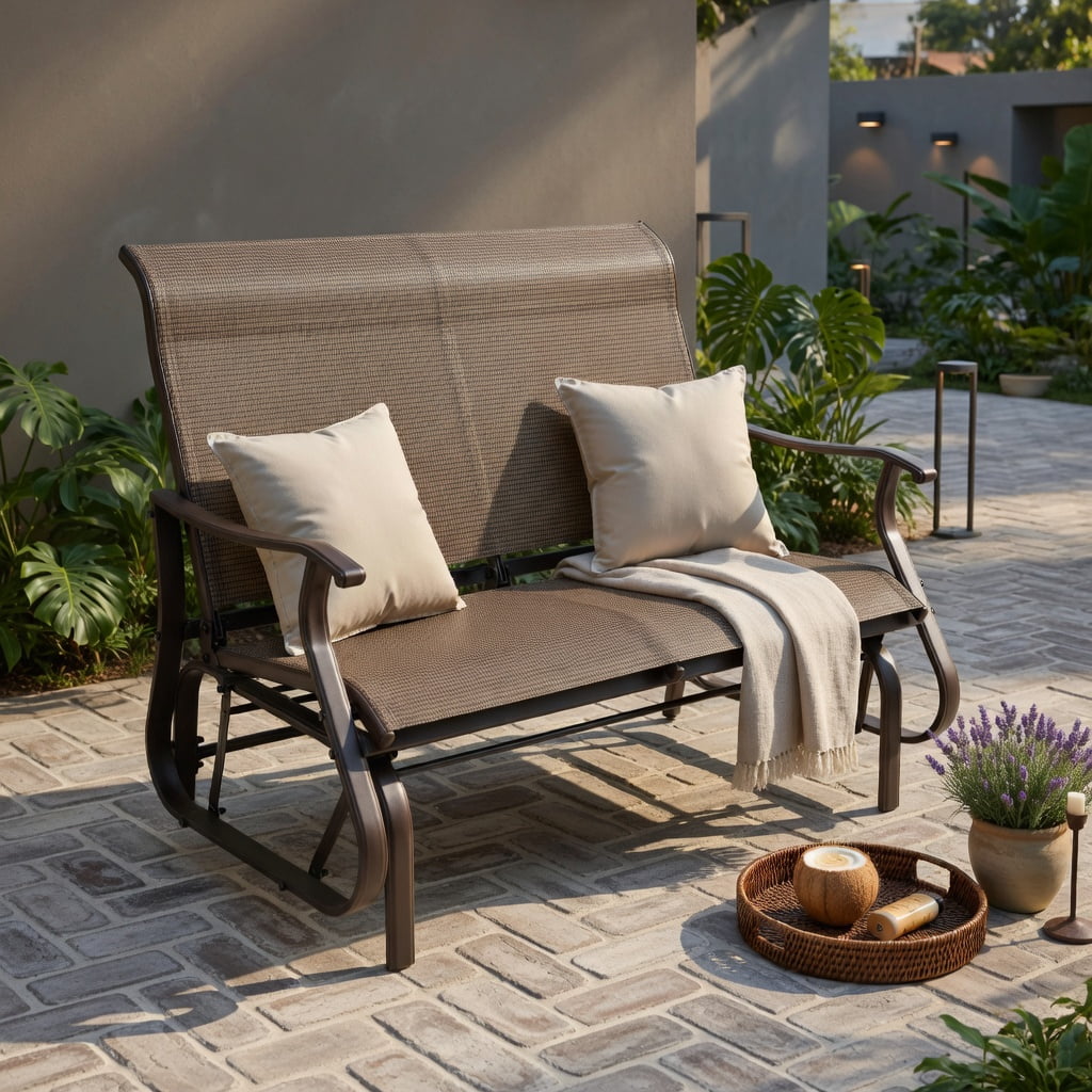 Hommoo 2-Person Steel Patio Glider Bench with High Back Support, Curved Ergonomic Armrests & Smooth Rocking Motion for Porch, Backyard, Garden, Brown