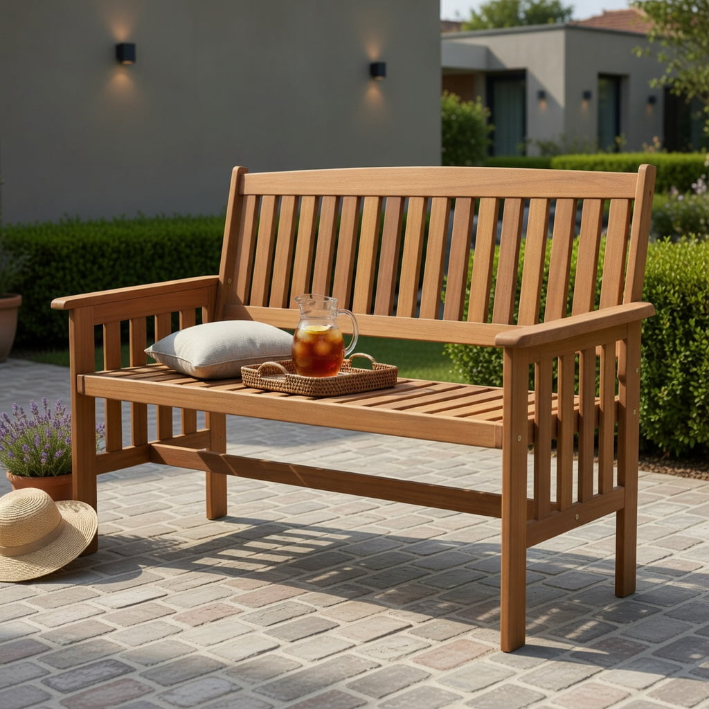 Hommoo 2-Person Wood Outdoor Garden Bench with Backrest, Armrests & Slatted Seat, Sturdy Patio, Porch & Deck Seating for Backyard Relaxation, Natural