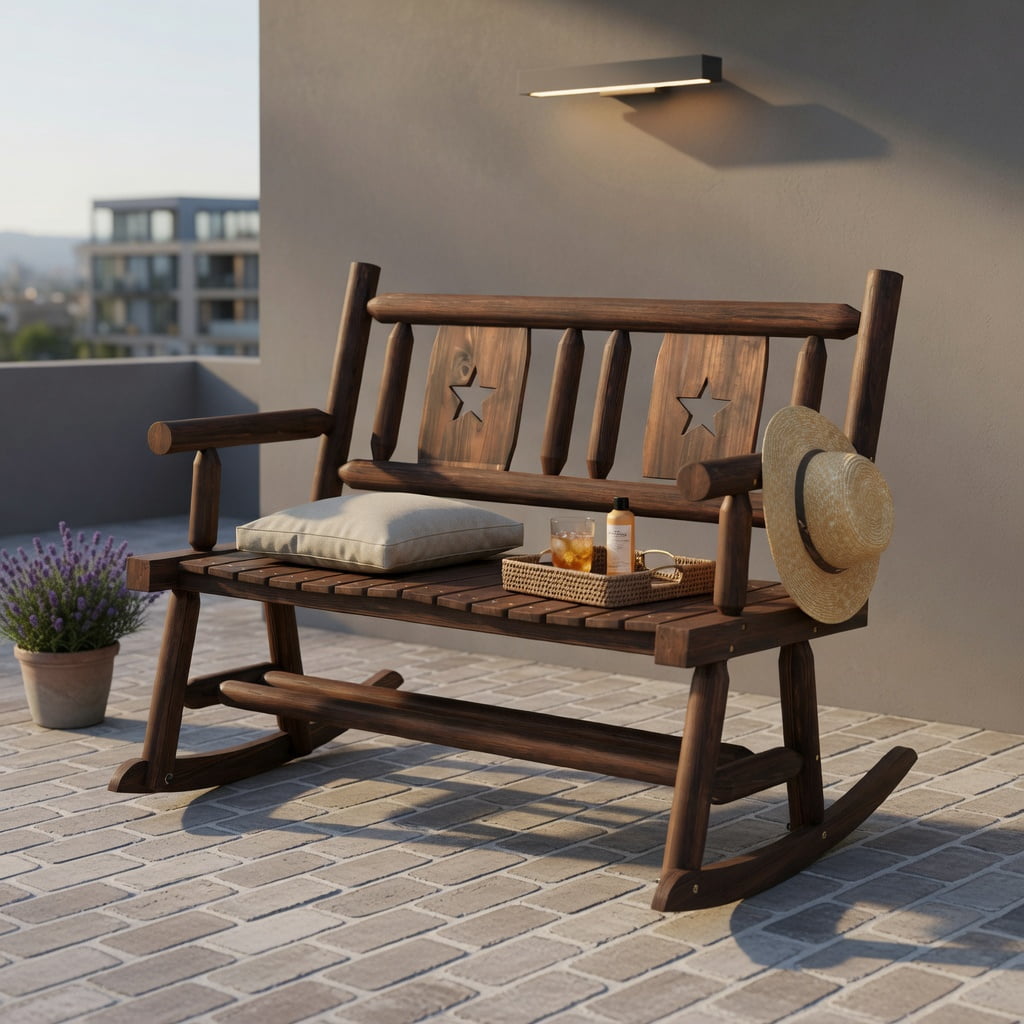Hommoo 2-Person Wooden Rocking Bench for Patio, Backyard & Porch, Ergonomic Double Rocker Loveseat with Carbonized Pine & Fir Frame, Rustic Brown
