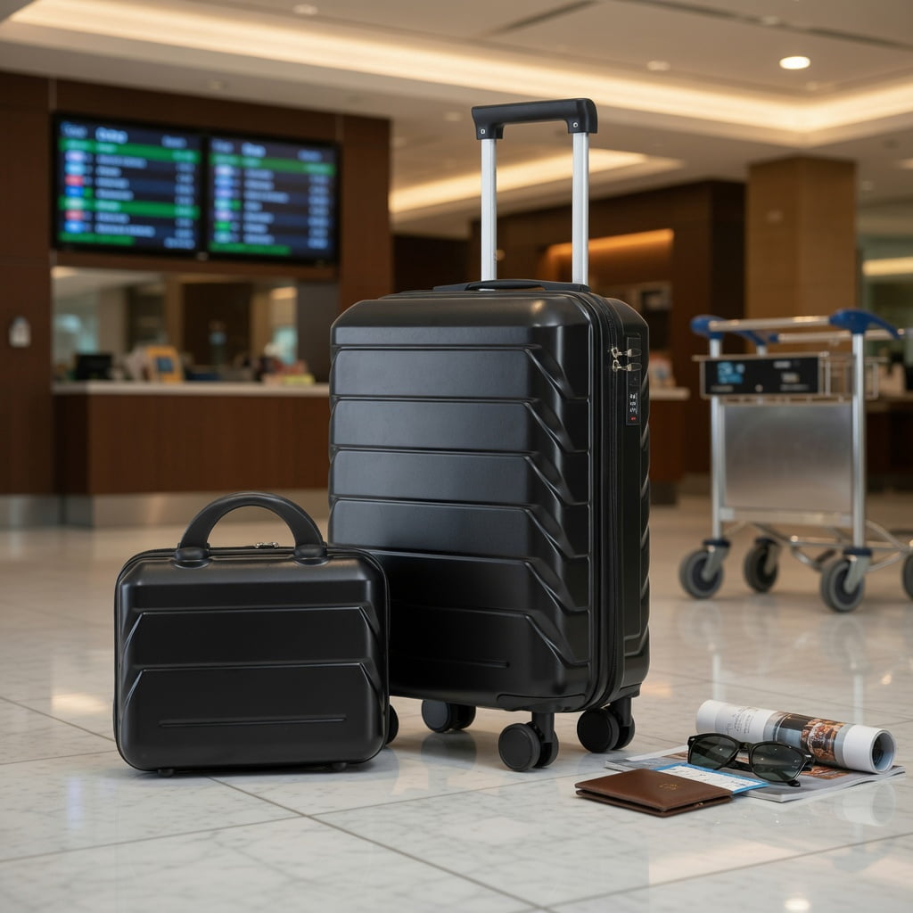 Hommoo 2-Piece ABS Hard Shell Luggage Set with 360° Silent Spinner Wheels & TSA Combination Lock, 14" Carry-On + 20" Checked Suitcase, Black