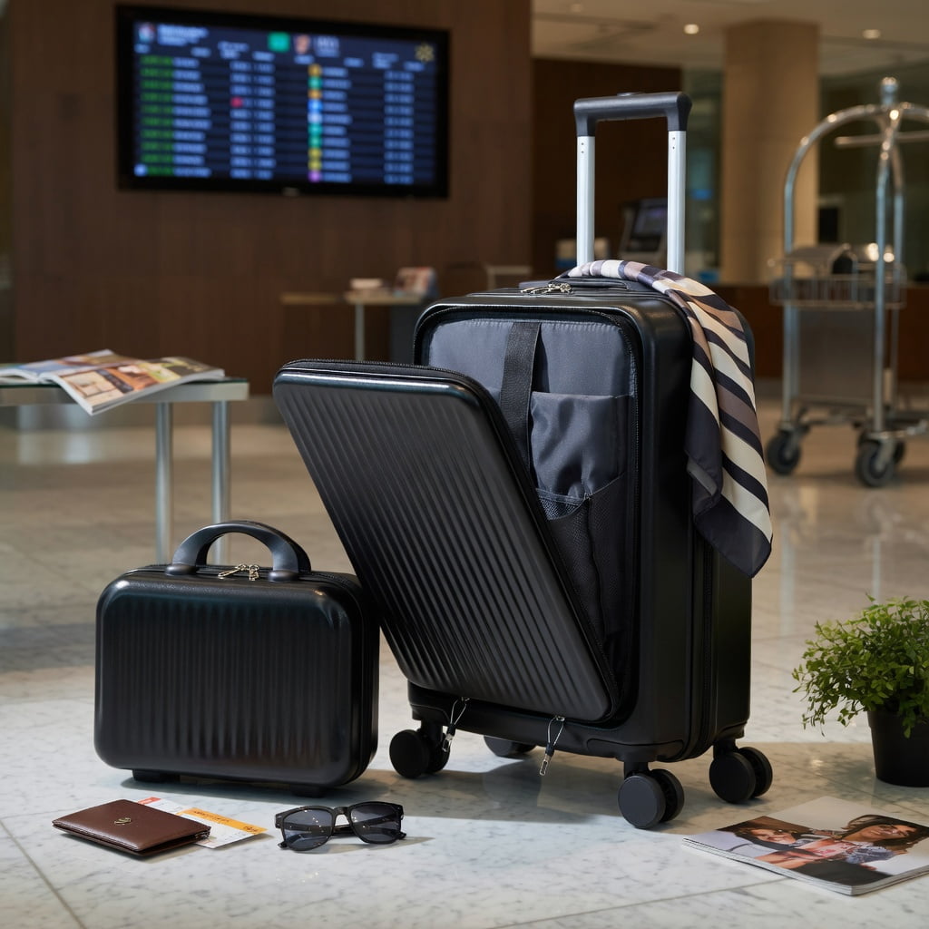 Hommoo 2-Piece ABS Spinner Luggage Set with 20" Carry-On & 14" Cosmetic Case, Front-Opening Design, TSA-Compatible Combination Lock, Silent 360° Wheels, Black