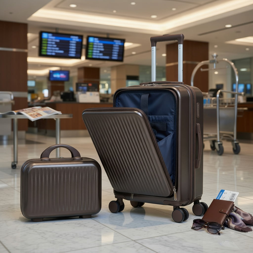 Hommoo 2-Piece ABS Spinner Luggage Set with Front-Opening Design & TSA Combination Lock, 20" Carry-On + 14" Cosmetic Case, Brown