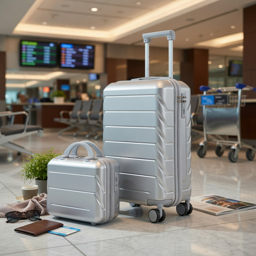 Hommoo 2-Piece ABS Spinner Luggage Set with TSA-Approved Combination Lock, 20" Carry-On + 14" Cosmetic Case in Sleek, Silver