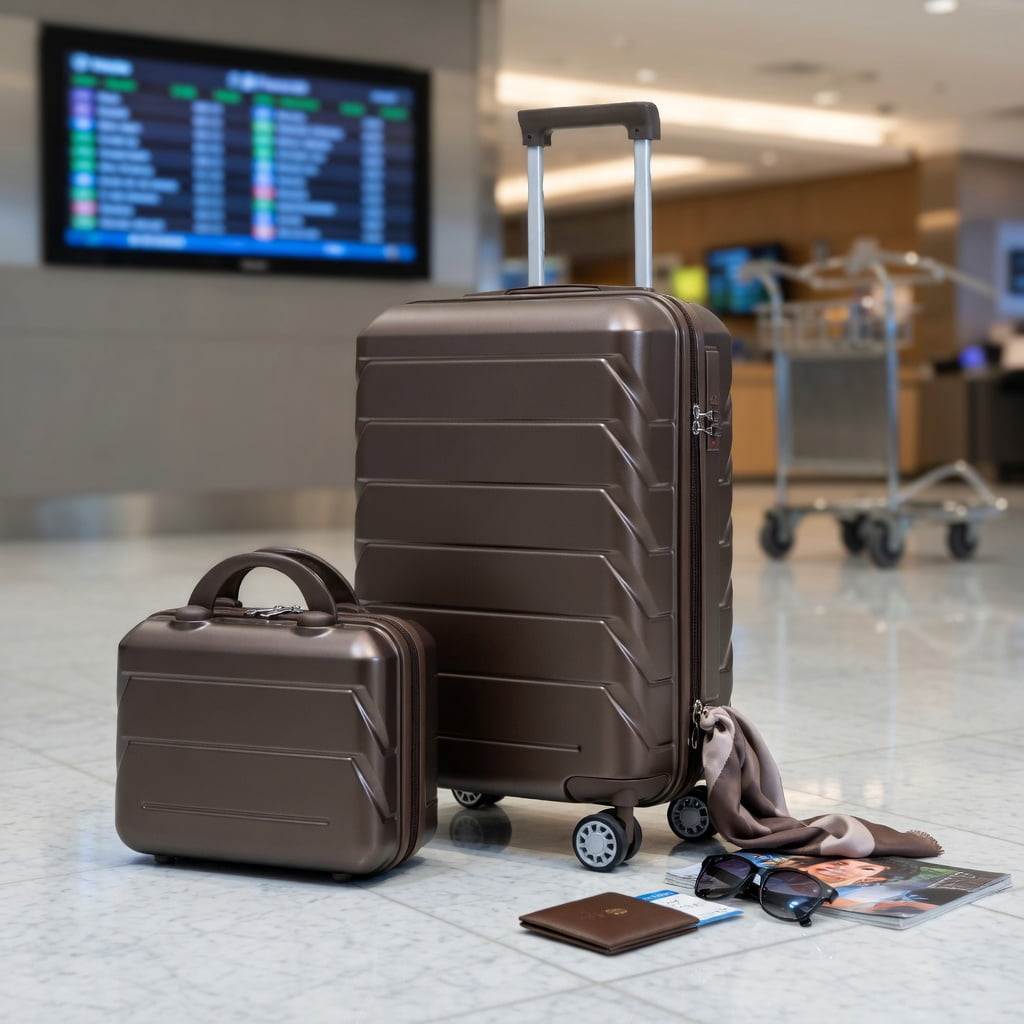 Hommoo 2-Piece ABS Spinner Luggage Set with TSA Combination Lock, 20" Carry-On + 14" Cosmetic Case, Brown