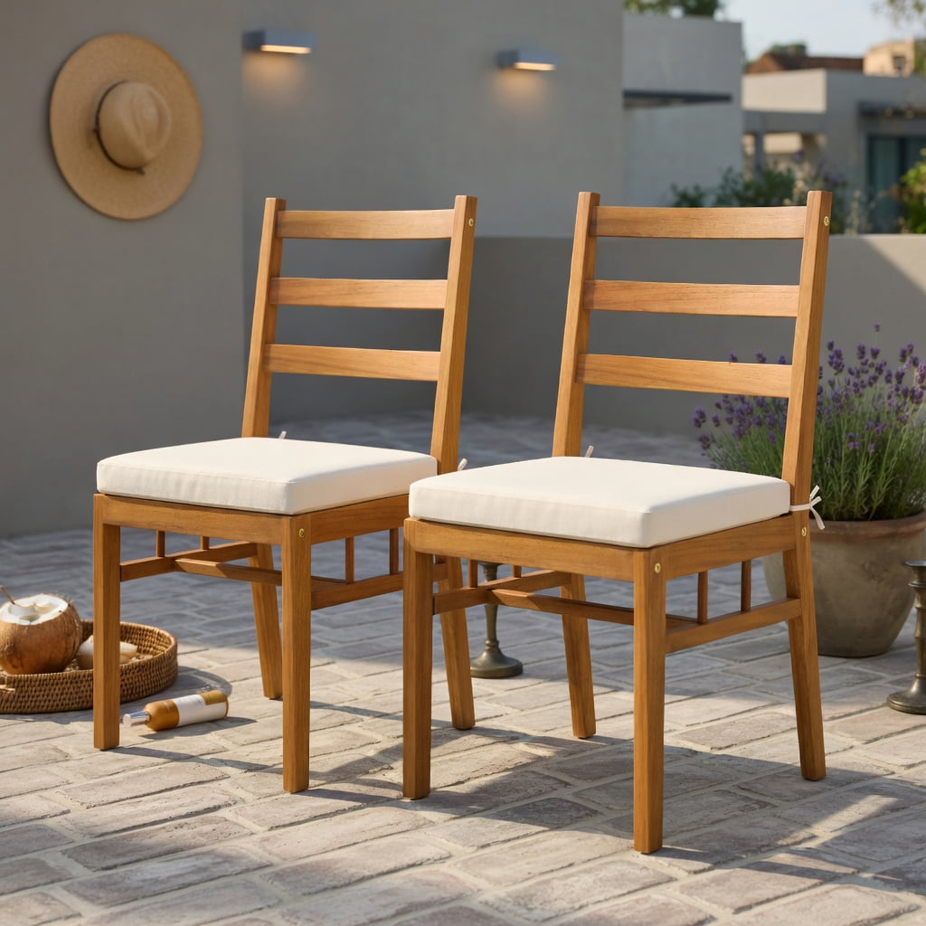Hommoo 2-Piece Acacia Wood Outdoor Patio Dining Chairs Set, Natural Wood Frame with Removable Cushions, Weather-Resistant Armless Chairs for Deck, Porch & Garden, White