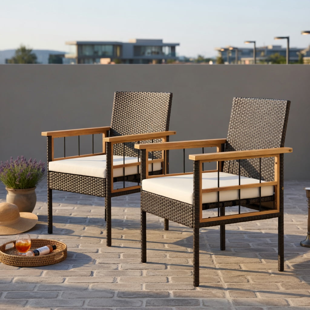 Hommoo 2-Piece Acacia Wood Patio Dining Chair Set with Removable Cushions, PE Rattan & Metal Frame, Ergonomic Design for Porch, Patio & Poolside, White