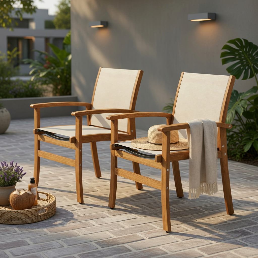 Hommoo 2-Piece Acacia Wood Patio Dining Chairs Set, Breathable Fabric Seat & Back, Outdoor Armchairs for Deck, Patio or Poolside, Natural+Beige