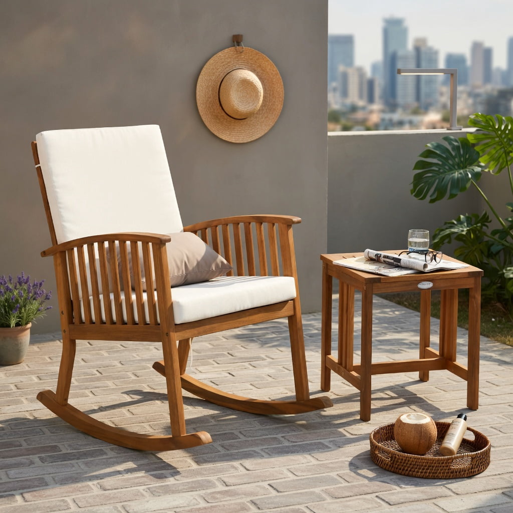Hommoo 2-Piece Acacia Wood Rocking Chair & Side Table Set with Removable Cushions, Teak Outdoor Patio Furniture for Deck, Backyard, Balcony, and Indoor Living Room, Natural
