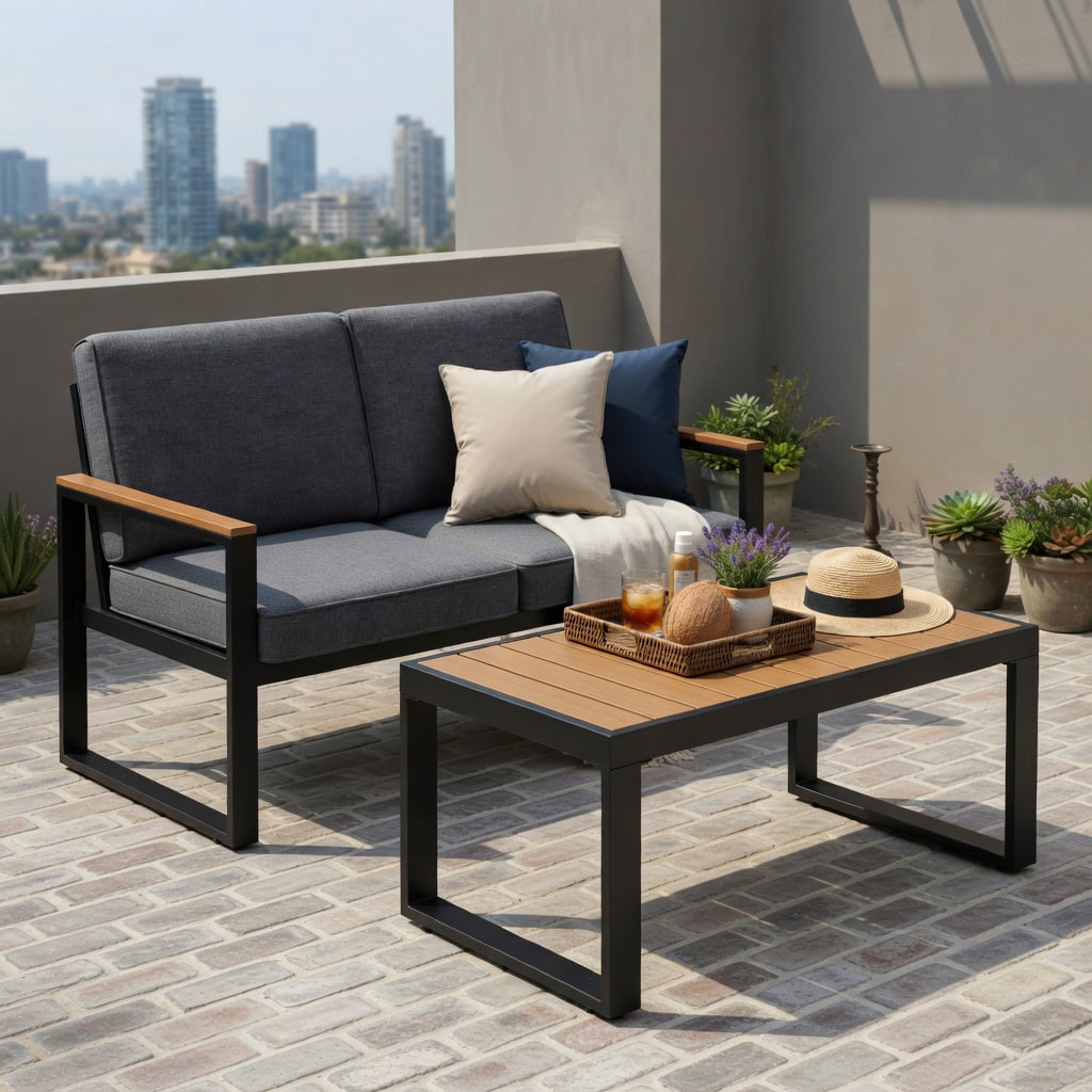 Hommoo 2-Piece Aluminum Patio Furniture Set, Cushioned Loveseat & Coffee Table with Wood-Plastic Armrests and Tabletop, Rust-Resistant Outdoor Seating for Backyard, Porch, Poolside, Gray