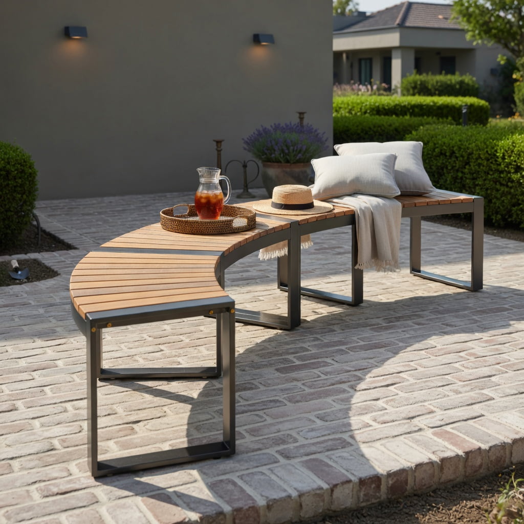 Hommoo 2-Piece Curved Patio Bench Set, Acacia Wood Slatted Seat with Powder-Coated Metal Legs, Outdoor Seating for Backyard, Poolside & Balcony, Yellow