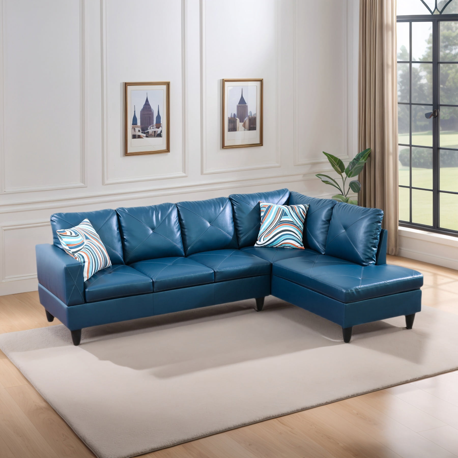 Hommoo 2-Piece Faux Leather L-Shaped Sectional Couches and Sofa Set, Modern Living Room Furniture Set, No Ottoman, Right Side, Denim