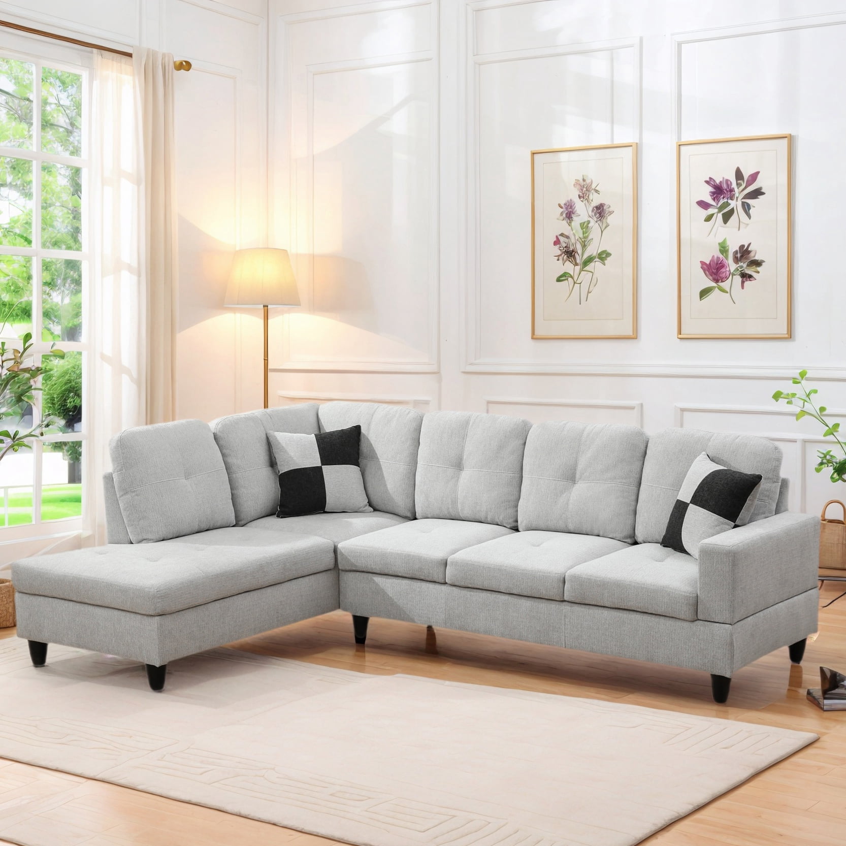 Hommoo 2-Piece Flannel Living Room Furniture Set, L-Shaped Sectional Couches and Sofa Set, Left Side, No Ottomans,Light Gray