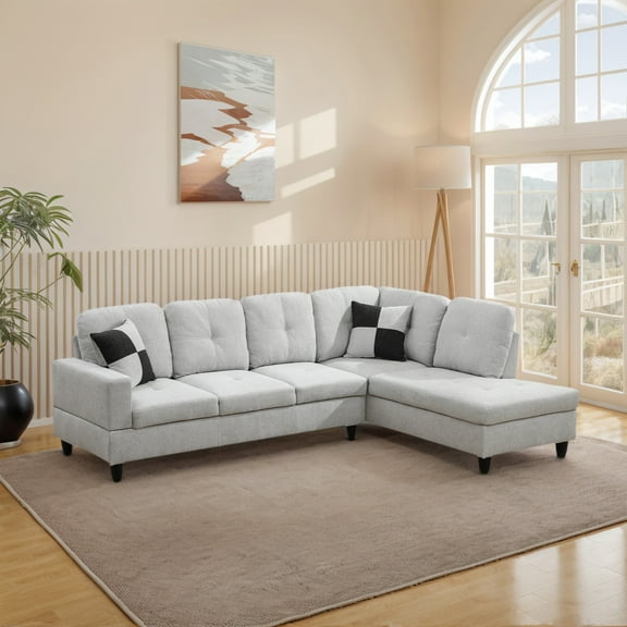 Hommoo 2-Piece Flannel Living Room Furniture Set, L-Shaped Sectional Couches and Sofa Set, Right Side, No Ottomans,Light Gray