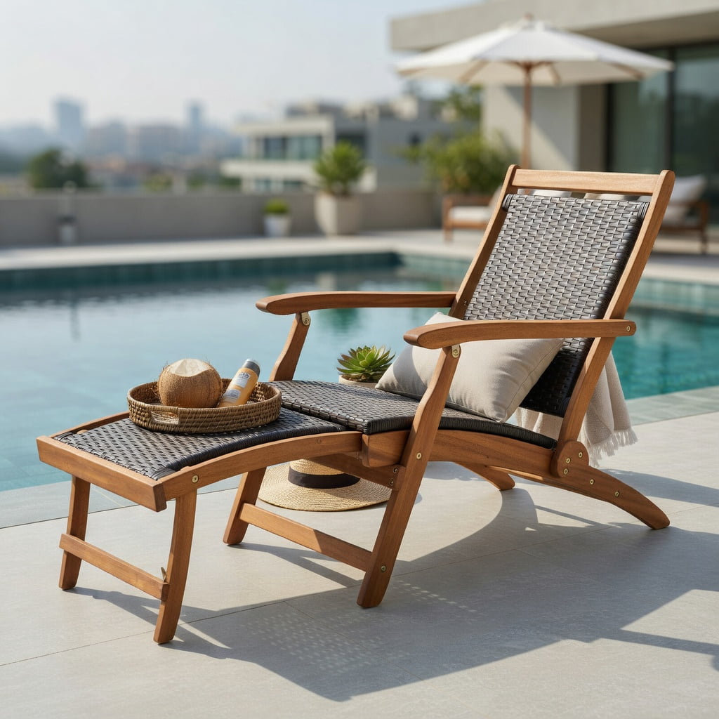 Hommoo 2-Piece Foldable Patio Lounge Set, PE Rattan Folding Chair with Acacia Wood Side Table for Backyard, Poolside & Garden, Brown