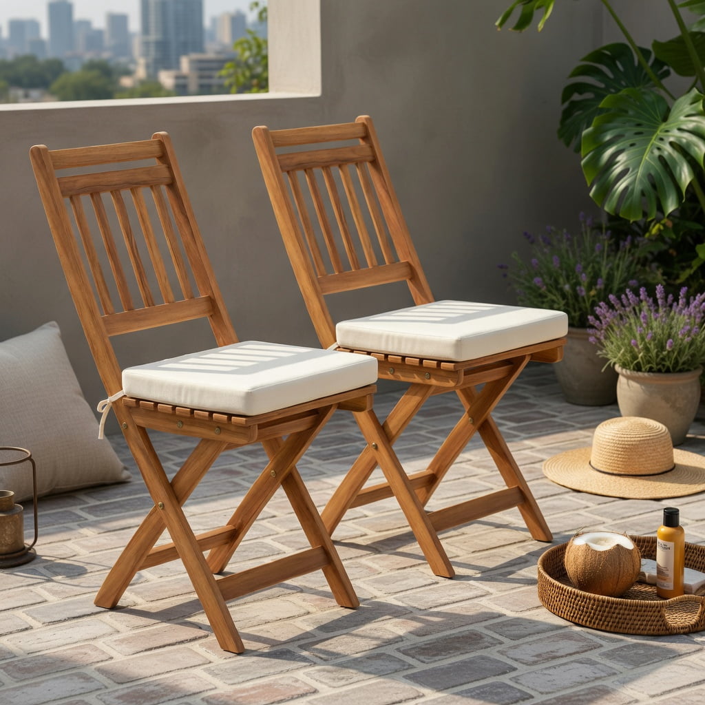 Hommoo 2-Piece Folding Patio Chairs Set with Soft Off-White Cushions & Natural Acacia Wood Frame, Outdoor Backyard, Balcony & Poolside Seating, White