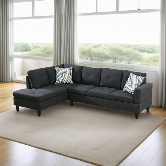 Hommoo 2-Piece Linen L-Shaped Sectional Couches and Sofa Set, Modern Living Room Furniture Set, No Ottoman, Left Side, Black Grey