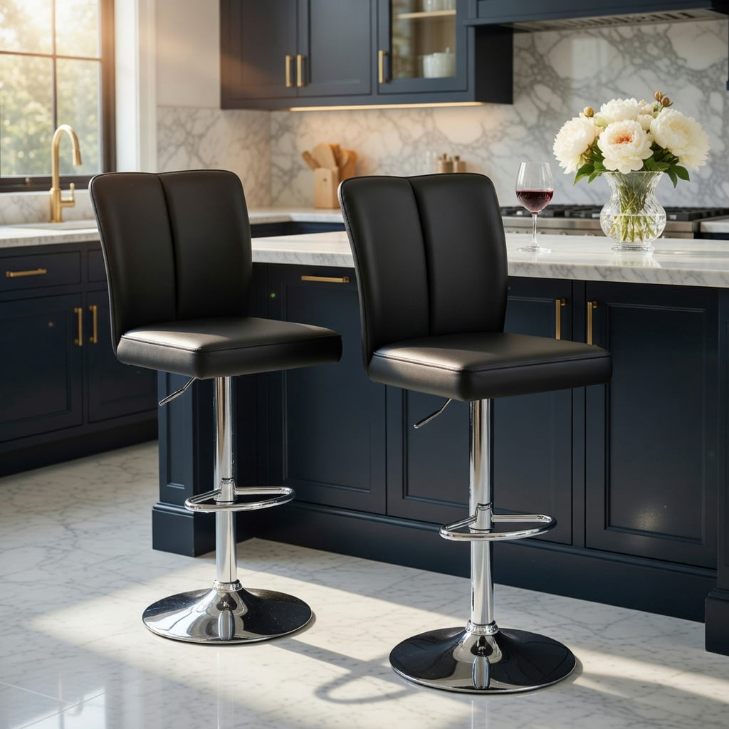 Hommoo 2-Piece Modern PU Leather Bar Stools with Adjustable Height, 360° Swivel & Trumpet Silver Metal Legs, Contemporary Kitchen, Bar & Lounge Seating, Black