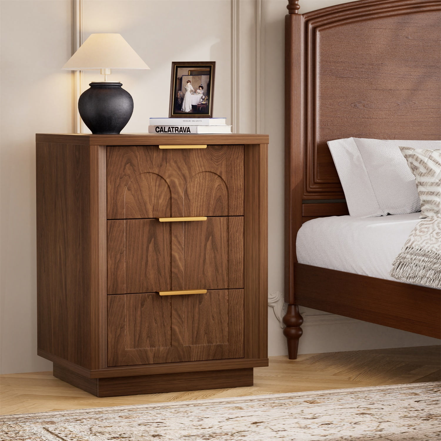 Hommoo 2-Piece Nightstand Set with Arched Drawer Fronts, 3-Drawer Mid-Century Modern Side Tables for Bedroom, Living Room & Office, MDF Construction with Gold-Tone Metal Handles, Walnut