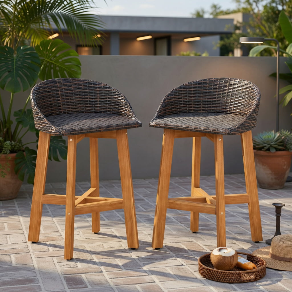 Hommoo 2-Piece Outdoor Bar Chairs Set, PE Rattan & Solid Acacia Wood, Ergonomic Backrest, Footrest, All-Weather Patio Seating, Natural