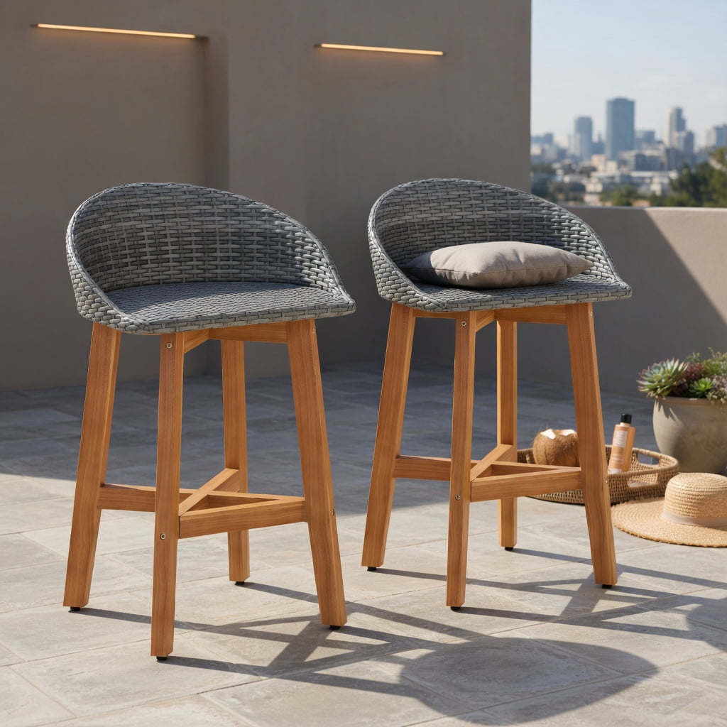 Hommoo 2-Piece Outdoor Bar Stool Set, PE Rattan & Solid Acacia Wood, Ergonomic Backrest, Footrest, Weather-Resistant, Natural