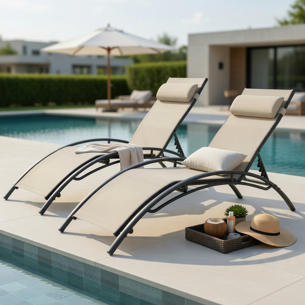 Hommoo 2-Piece Outdoor Chaise Lounge Set with 5-Position Adjustable Reclining Backrest, Heavy-Duty Metal Frame, Breathable All-Weather Fabric, Beige