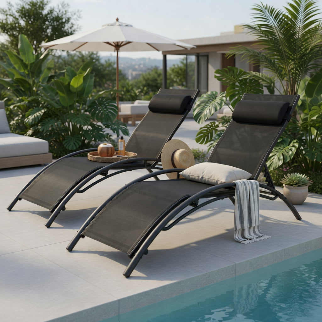 Hommoo 2-Piece Outdoor Chaise Lounge Set with 5-Position Adjustable Reclining Backrest, Heavy-Duty Metal Frame, Breathable Fabric, Black
