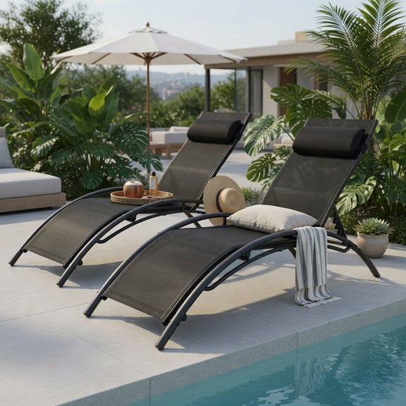 Hommoo 2-Piece Outdoor Chaise Lounge Set with 5-Position Adjustable Reclining Backrest, Heavy-Duty Metal Frame, Breathable Fabric, Black