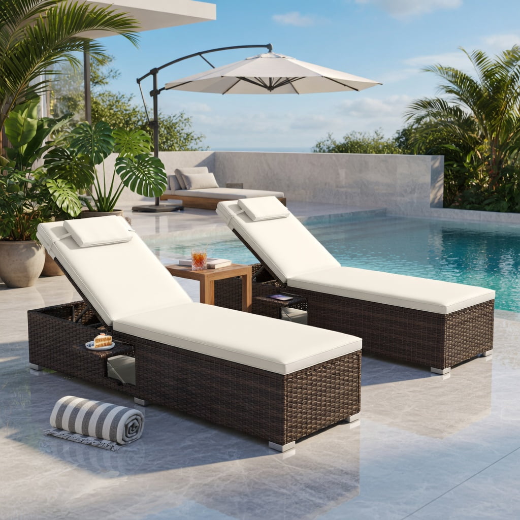 Hommoo 2-Piece Outdoor Chaise Lounge Set with Adjustable Backrest, Cushions, PE Rattan & Steel Frame, Poolside, Patio, Balcony Ready, Off-White