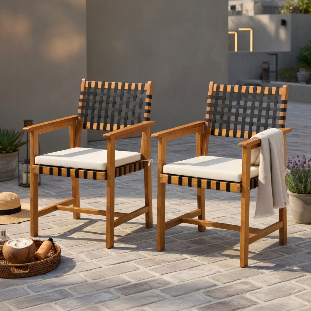 Hommoo 2-Piece Outdoor Dining Chairs Set, Acacia Wood with Woven Rope Back, Curved Ergonomic Design, Detachable Polyester Cushions & Armrests, White