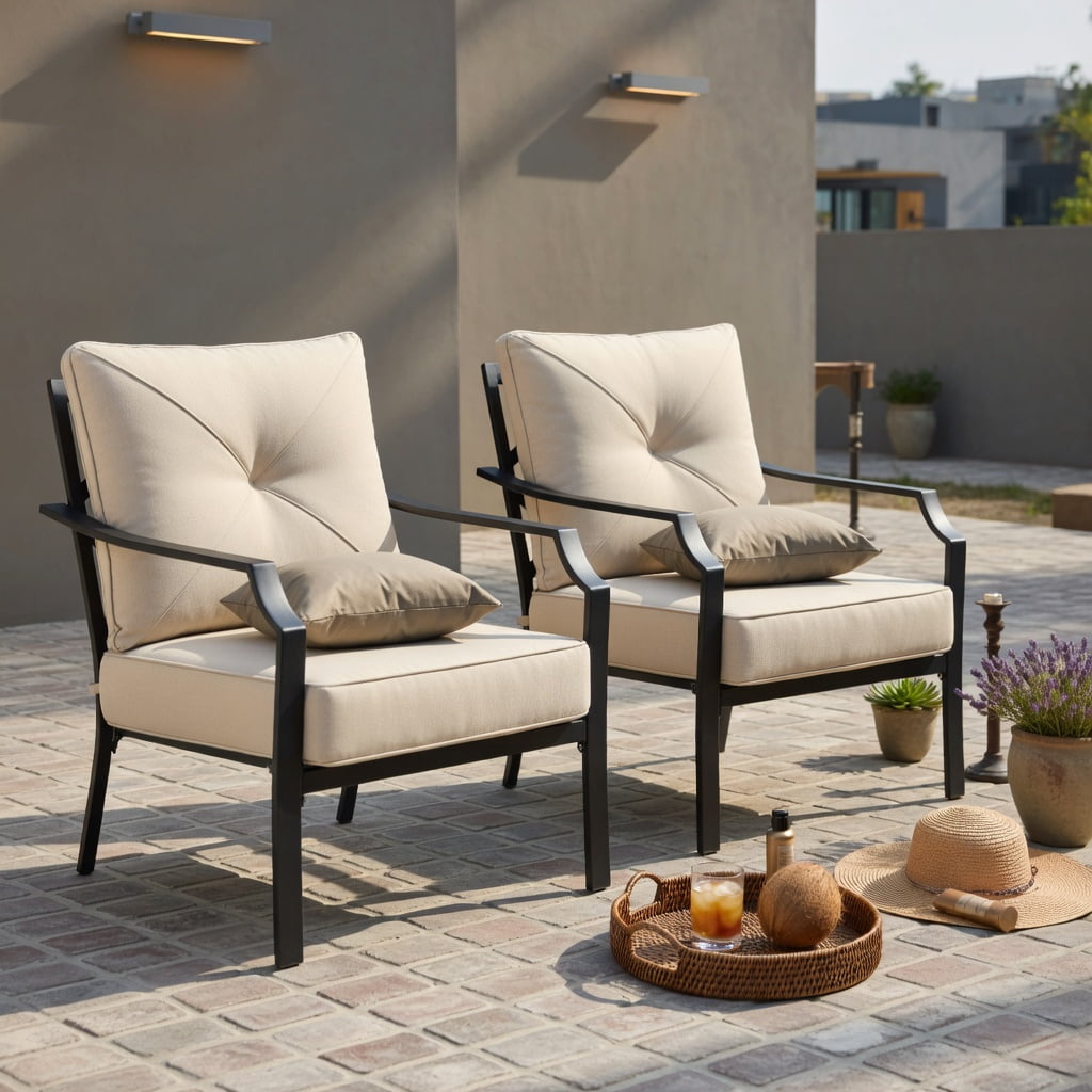 Hommoo 2-Piece Outdoor Dining Chairs Set with Padded Cushions, Black Steel Frame, Rust-Resistant Patio Chairs for Backyard, Garden & Balcony, Beige