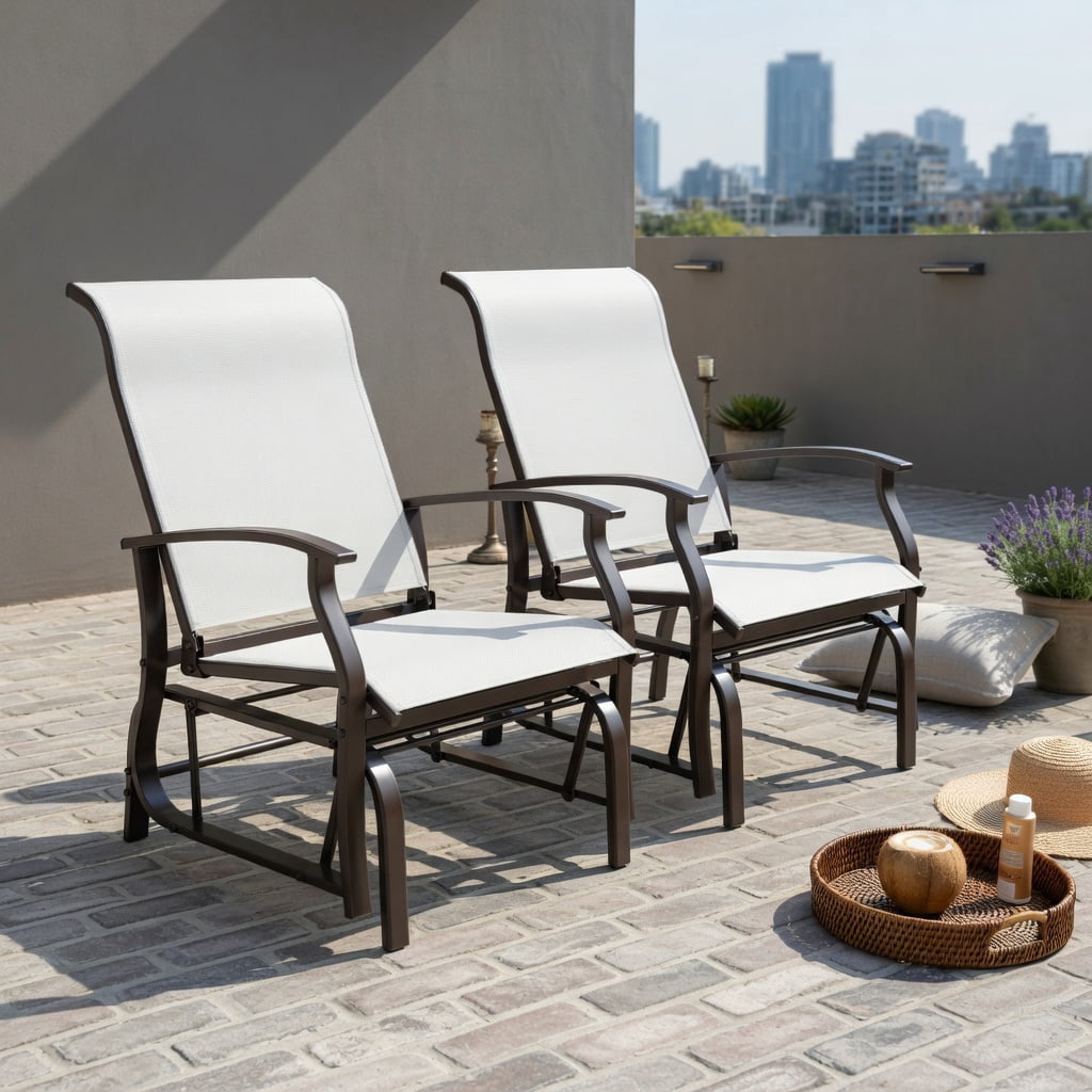 Hommoo 2-Piece Outdoor Glider Chair Set, Ergonomic Fabric & Metal Rocking Chairs for Patio, Porch, Backyard, Breathable Seat, Anti-Slip Feet, Beige