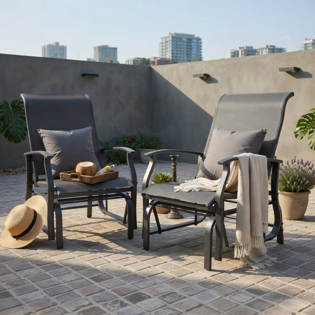 Hommoo 2-Piece Outdoor Glider Chair Set, Ergonomic Patio Rocking Chairs with Breathable Fabric Seats and Heavy-Duty Metal Frame, Gray