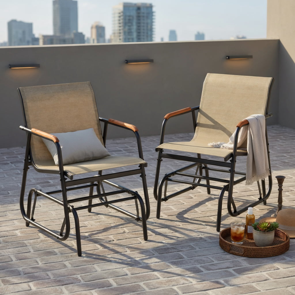 Hommoo 2-Piece Outdoor Glider Chair Set with Teak Wood Armrests, Breathable Fabric Seats & Sturdy Metal Frame for Patio, Porch, or Poolside, Brown