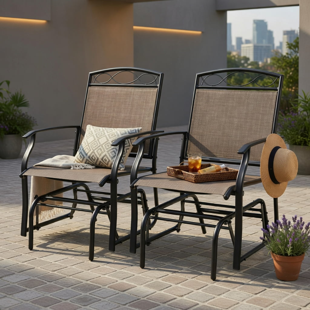 Hommoo 2-Piece Outdoor Metal Glider Armchair Set, Rust-Resistant Powder-Coated Frame, Fade-Resistant Breathable Fabric, High-Back Ergonomic Design for Porch, Patio & Poolside, Brown